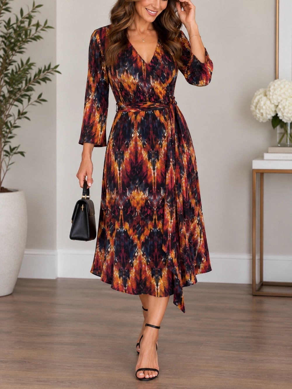 LuLaRoe Multicolor V-Neck Belted Midi Dress in Black, Orange, Yellow